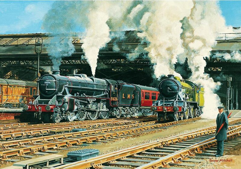 Steam Trains at Station — Black, Dramatic