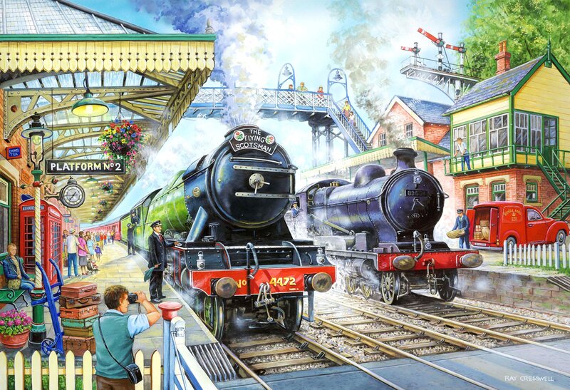 Steam Trains at Station — Green, Busy
