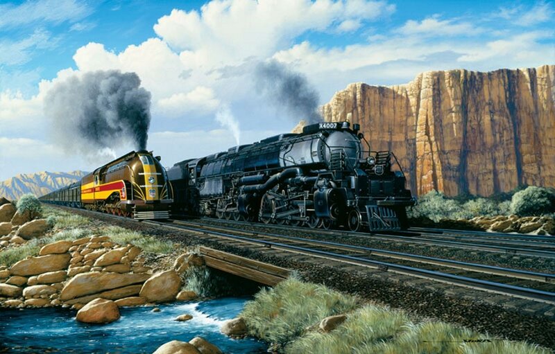 Steam Trains on Tracks — Blue, Dramatic