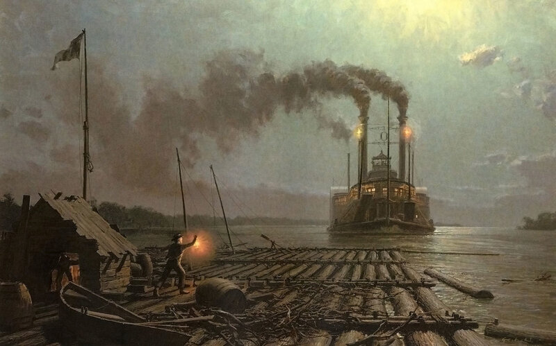 Steamboat at dusk on a river