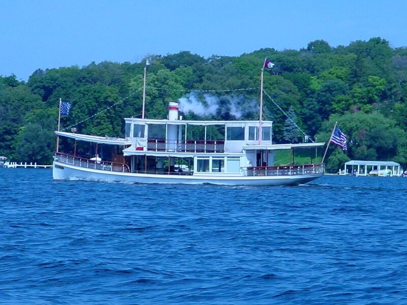 Steamboat on Lake — Blue, Serene, Summer