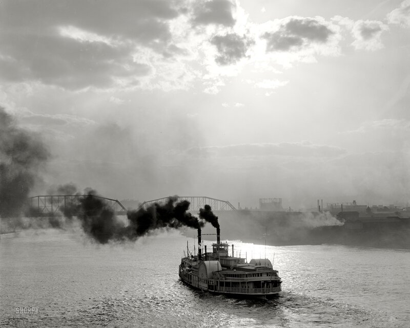 Steamboat on River — Black, Dramatic