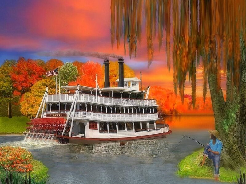 Steamboat on River — Orange