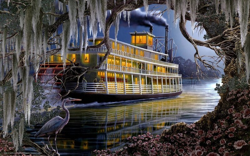 Steamboat on River — Yellow, Dramatic