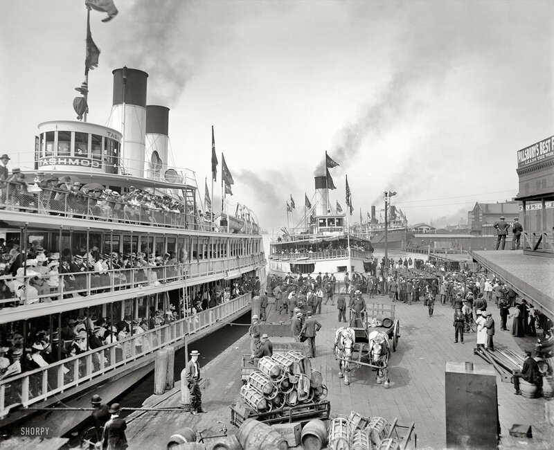 Steamboats at a busy port
