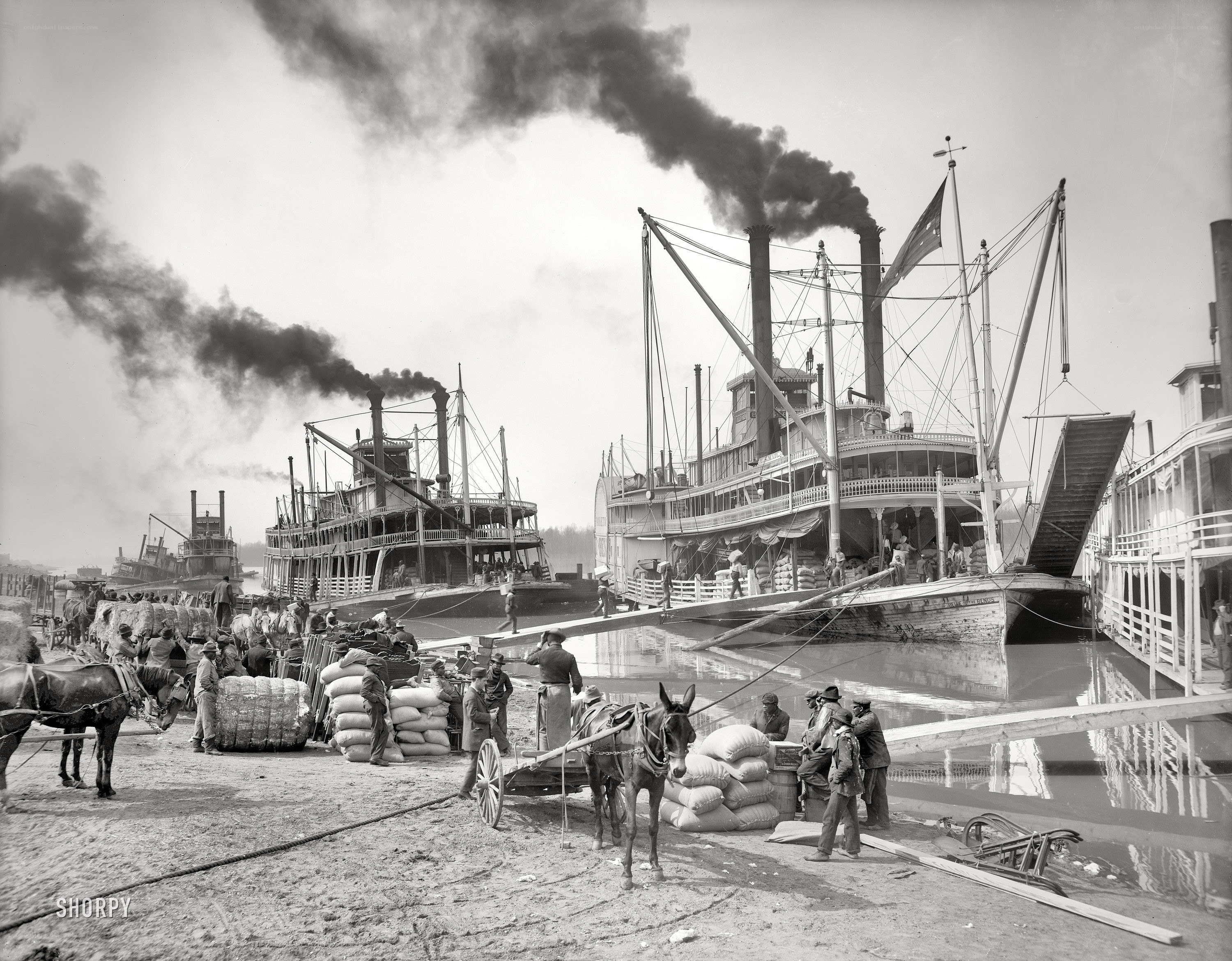 Steamboats at a busy river dock