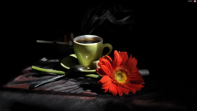 Steaming Coffee Cup and Flower