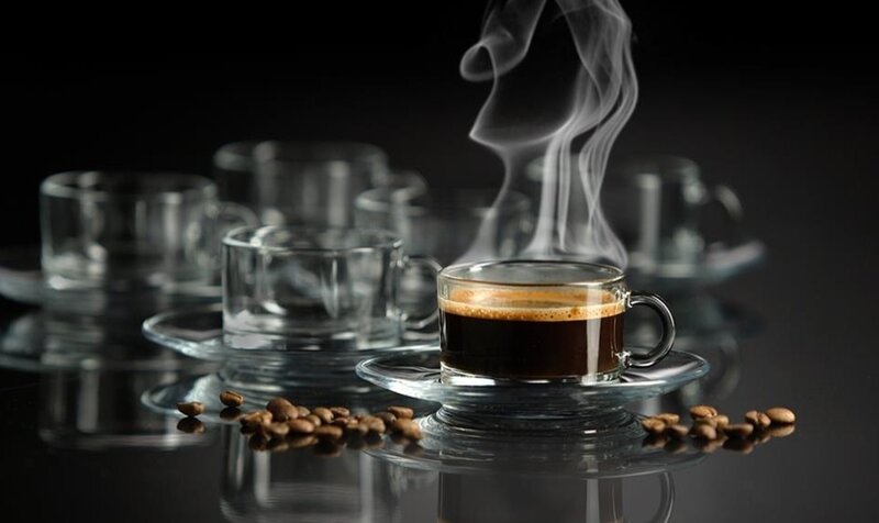 Steaming Coffee Cup — Black, Dramatic, Photograph, Coffee Beans, Glass Cups