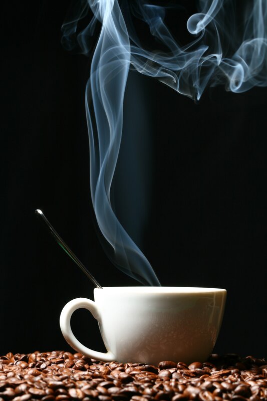 Steaming Coffee Cup — Black, Dramatic, Photograph, Coffee Beans, Spoon, Smoke