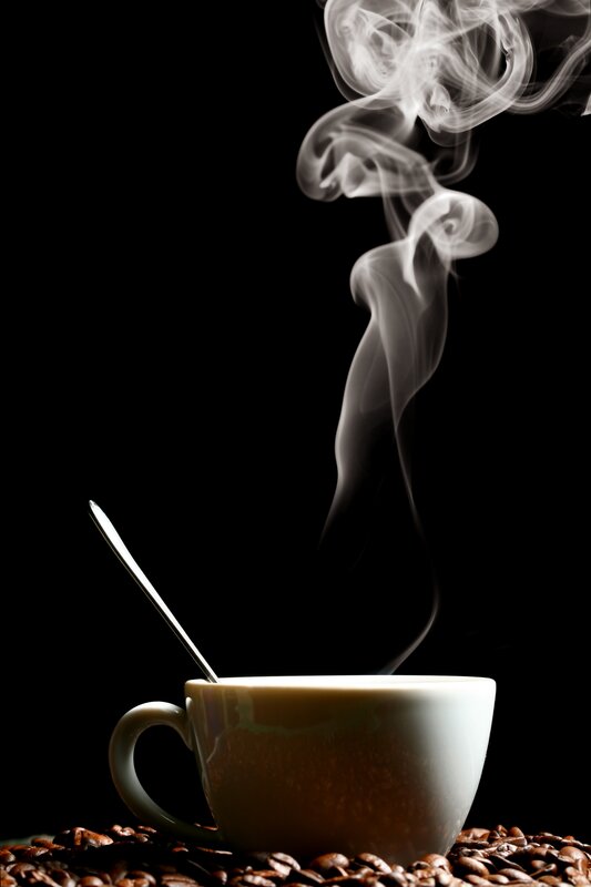 Steaming Coffee Cup — Black, Dramatic, Photograph, Coffee Beans, Spoon