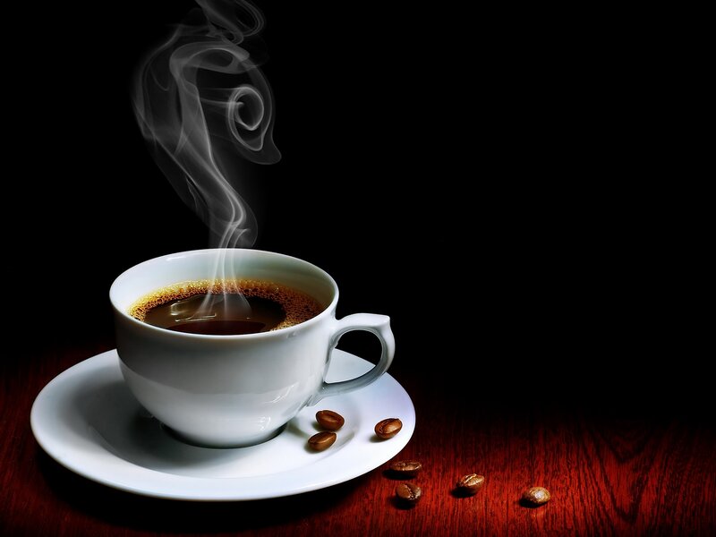 Steaming Coffee Cup — Black, Dramatic, Photograph, Coffee Beans, Steam