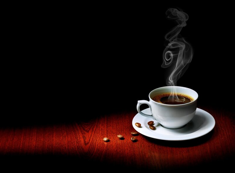 Steaming Coffee Cup — Black, Dramatic, Photograph, Coffee Beans, Steam, Wooden Table
