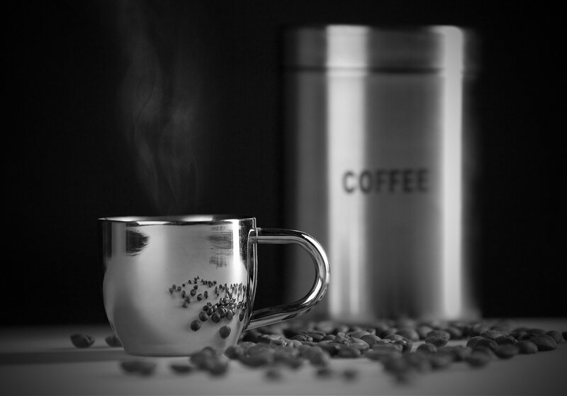 Steaming Coffee Cup — Black, Dramatic, Photograph, Coffee Beans