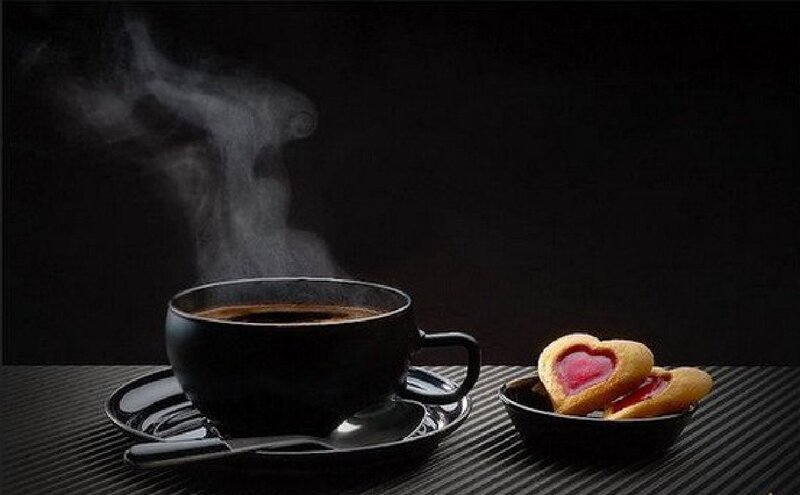 Steaming Coffee Cup — Black, Dramatic, Photograph, Cookies