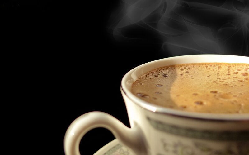 Steaming Coffee Cup — Black, Dramatic, Photograph, Steam, Saucer