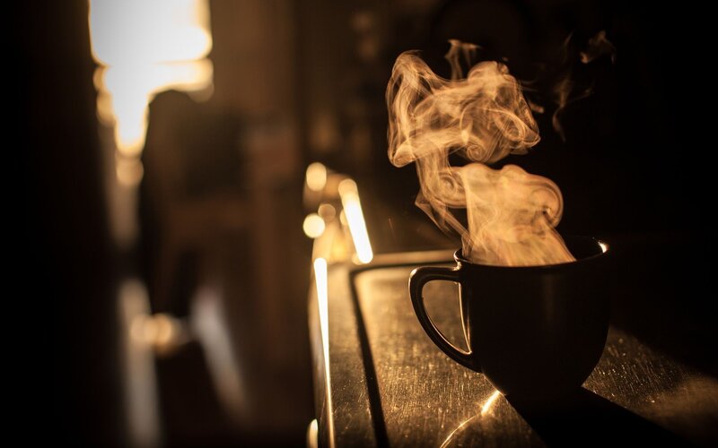 Steaming Coffee Cup — Black, Warm, Night, Photograph