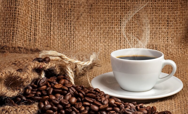 Steaming Coffee Cup — Brown, Calm, Photograph, Coffee Beans, Burlap Sack