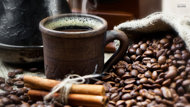 Steaming Coffee Cup — Brown, Cozy, Photograph, Coffee Beans, Cinnamon Sticks, Burlap Sack