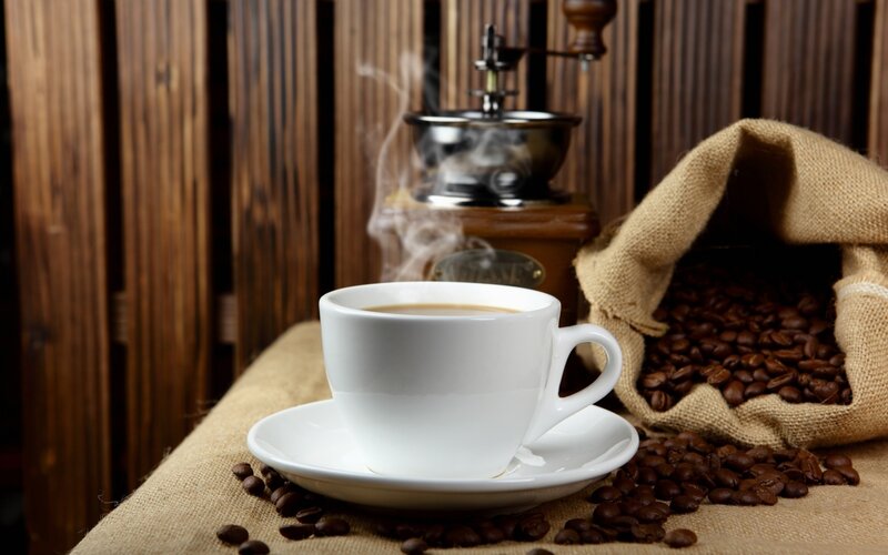 Steaming Coffee Cup — Brown, Cozy, Photograph, Coffee Beans, Grinder
