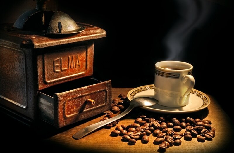 Steaming Coffee Cup — Brown, Dramatic, Night, Photograph