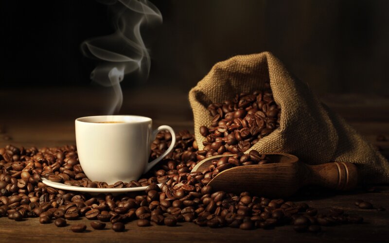 Steaming Coffee Cup — Brown, Dramatic, Photograph, Coffee Beans, Burlap Sack