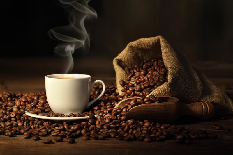 Steaming Coffee Cup — Brown, Dramatic, Photograph, Coffee Beans, Burlap Sack, Wooden Scoop
