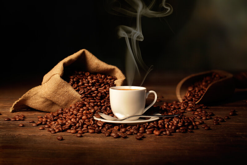 Steaming Coffee Cup — Brown, Dramatic, Photograph, Coffee Beans, Burlap Sack, Wooden Surface