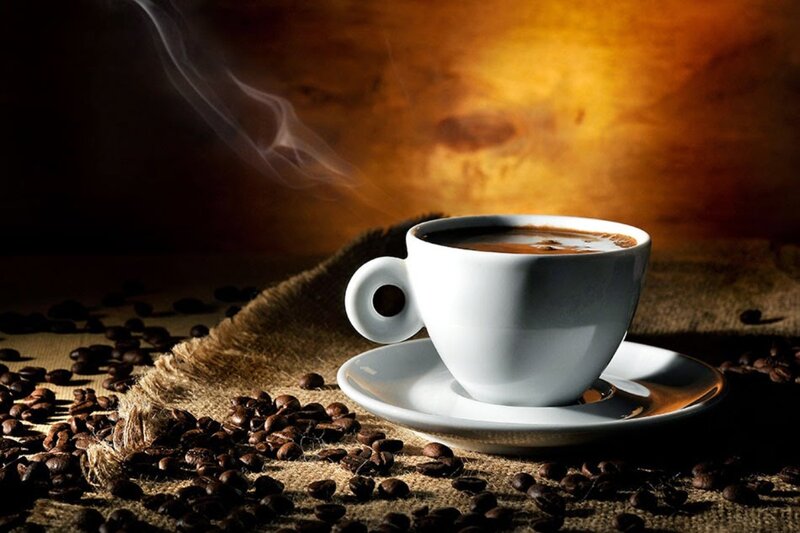 Steaming Coffee Cup — Brown, Dramatic, Photograph, Coffee Beans, Burlap
