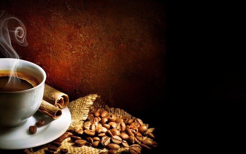 Steaming Coffee Cup — Brown, Dramatic, Photograph, Coffee Beans, Cinnamon Sticks, Burlap