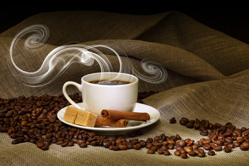 Steaming Coffee Cup — Brown, Dramatic, Photograph, Coffee Beans, Cinnamon Sticks