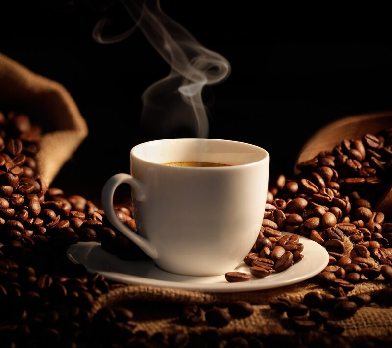 Steaming Coffee Cup — Brown, Dramatic, Photograph, Coffee Beans, Sack