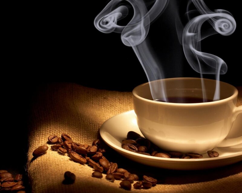 Steaming Coffee Cup — Brown, Dramatic, Photograph, Coffee Beans, Saucer, Burlap