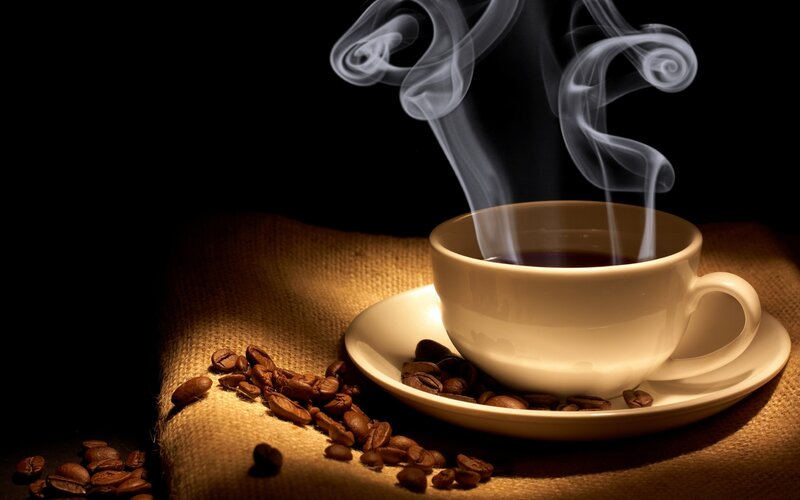 Steaming Coffee Cup — Brown, Dramatic, Photograph, Coffee Beans, Saucer
