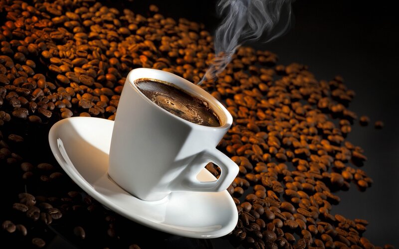 Steaming Coffee Cup — Brown, Dramatic, Photograph, Coffee Beans, Steam, Saucer