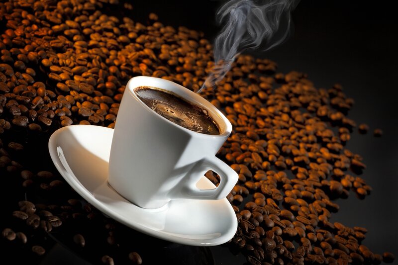 Steaming Coffee Cup — Brown, Dramatic, Photograph, Coffee Beans, Steam
