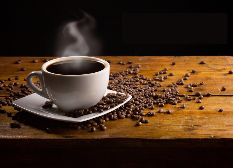 Steaming Coffee Cup — Brown, Dramatic, Photograph, Coffee Beans, Wooden Table, Saucer