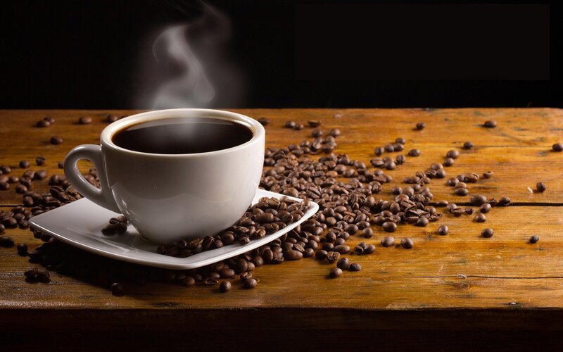 Steaming Coffee Cup — Brown, Dramatic, Photograph, Coffee Beans, Wooden Table
