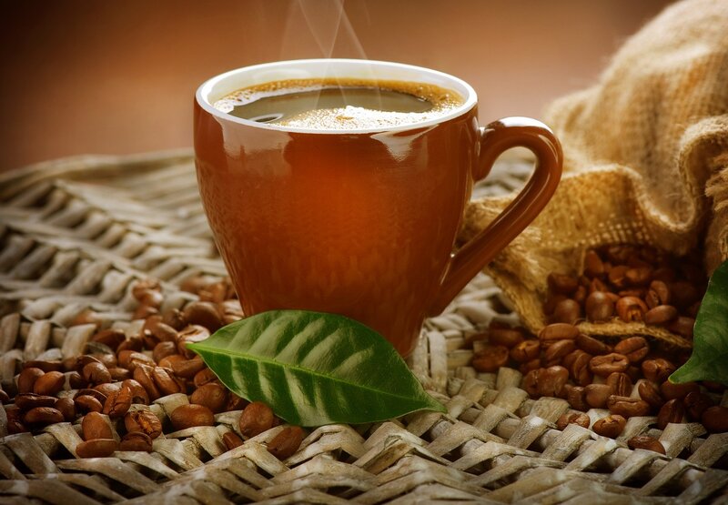 Steaming Coffee Cup — Brown, Warm, Morning, Photograph, Coffee Beans, Green Leaf
