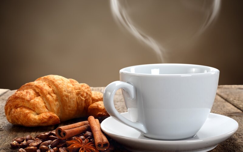 Steaming Coffee Cup — Brown, Warm, Morning, Photograph, Croissant, Coffee Beans