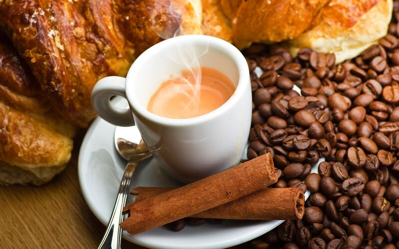 Steaming Coffee Cup — Brown, Warm, Morning, Photograph, Croissants, Coffee Beans