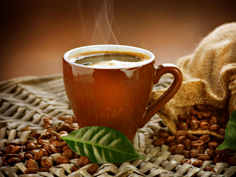 Steaming Coffee Cup — Brown, Warm, Photograph, Coffee Beans, Burlap Sack