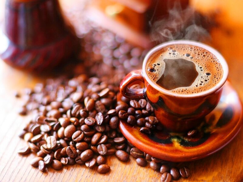 Steaming Coffee Cup — Brown, Warm, Photograph, Coffee Beans, Ceramic Cup