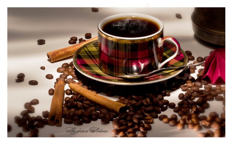 Steaming Coffee Cup — Brown, Warm, Photograph, Coffee Beans, Cinnamon Sticks, Saucer
