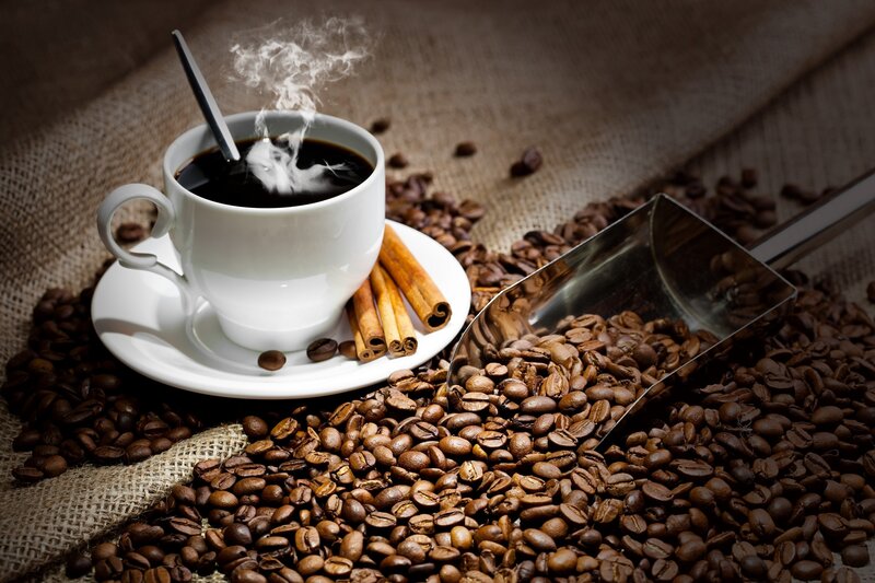Steaming Coffee Cup — Brown, Warm, Photograph, Coffee Beans, Cinnamon Sticks, Spoon, White