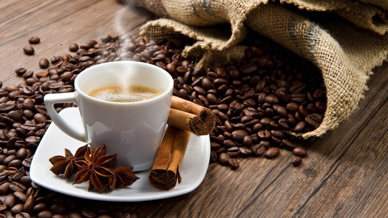 Steaming Coffee Cup — Brown, Warm, Photograph, Coffee Beans, Cinnamon Sticks, Star Anise