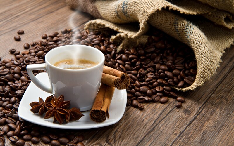 Steaming Coffee Cup — Brown, Warm, Photograph, Coffee Beans, Cinnamon Sticks