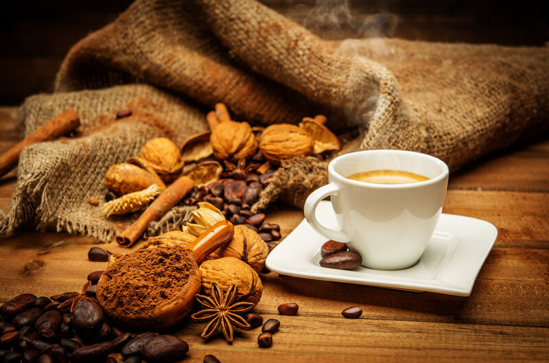 Steaming Coffee Cup — Brown, Warm, Photograph, Coffee Beans, Cinnamon Sticks, Walnuts