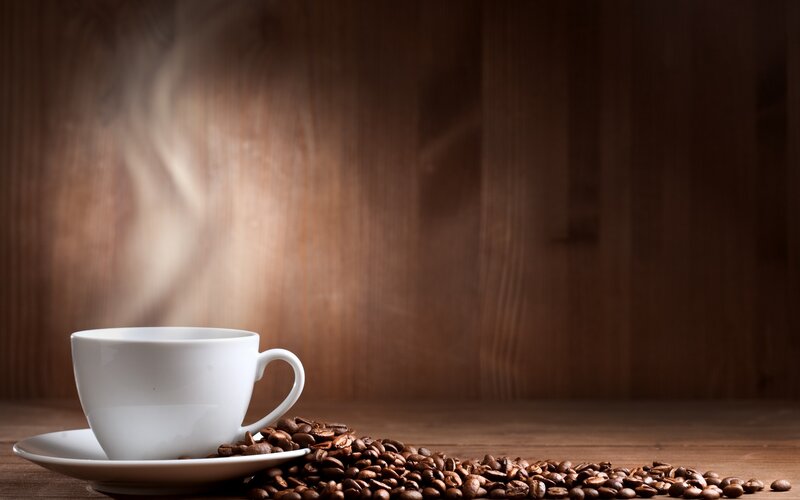 Steaming Coffee Cup — Brown, Warm, Photograph, Coffee Beans, Saucer