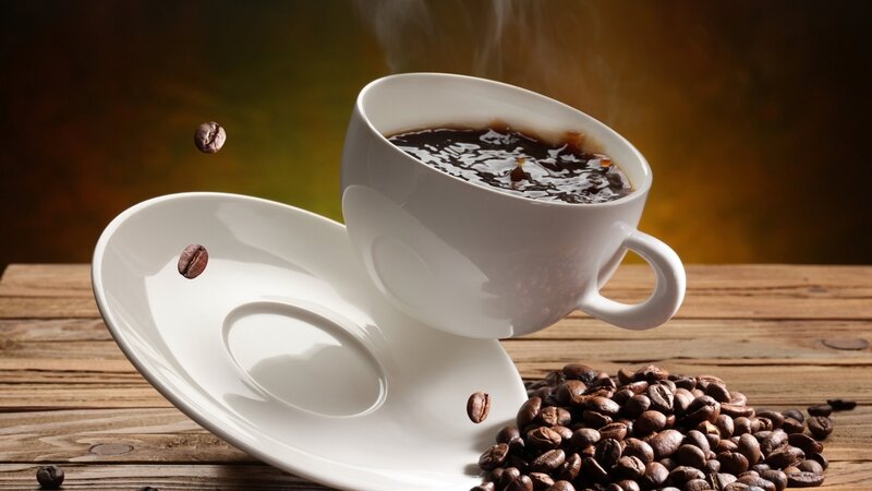 Steaming Coffee Cup — Brown, Warm, Photograph, Coffee Beans, Saucer, Wooden Table