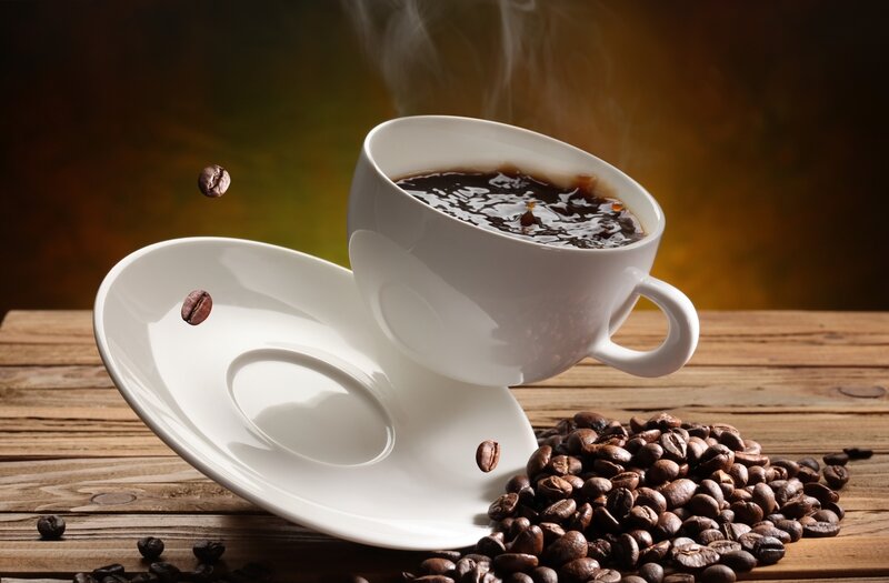 Steaming Coffee Cup — Brown, Warm, Photograph, Coffee Beans, Saucer, Wooden Table, White, Black